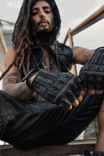 DZALA Black Genuine Leather Fingerless Gloves | Stud Knuckles | Red Accents