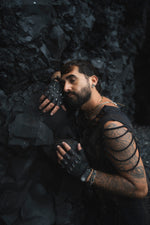DZALA Black Genuine Leather Fingerless Gloves | Stud Knuckles | Red Accents