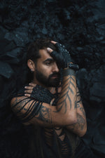 DZALA Black Genuine Leather Fingerless Gloves | Stud Knuckles | Red Accents