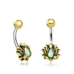 The LIOSA Marquise Belly Piercing Rings by Kaya Movement feature gold-colored accents and curved 316L surgical steel stems. Each 14-gauge piece of navel jewelry showcases a lotus flower design with an opal-like teardrop gem in the center and is finished with spherical gold-colored end caps.