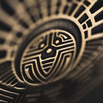 Close-up of an intricate design featuring a circular, symmetrical pattern with geometric shapes and radial lines, reminiscent of the CROP CIRCLE Oversized Tribal Disc Earrings in Gold by Kaya Movement. The design appears to be etched or carved, with prominent contrast between the light-colored lines and the darker background.