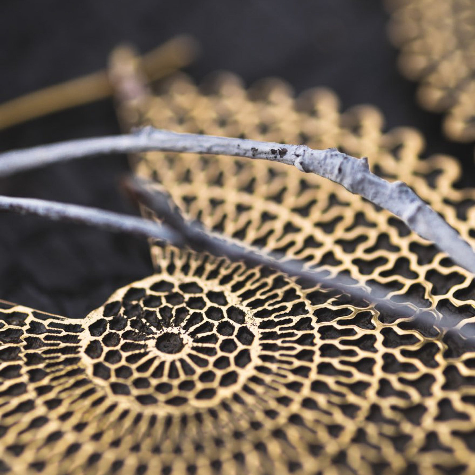 Close-up of intricate, gold-colored filigree resembling geometric patterns on a dark background, much like the detailed design found in Kaya Movement's VORTEX Tribal Oversized Mandala Disc Hoop Earrings in Gold. Twigs are placed across the filigree, adding texture and depth to the image.