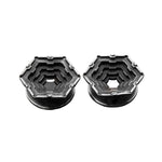 A pair of HEXA Futuristic Geometry Hexagon Flesh Tunnels in Silver by Kaya Movement, featuring a nested hexagon design centered on each piece to create a layered 3D effect. The smooth, dark backdrop contrasts with the metallic shine of this elegant body jewelry, available in sizes ranging from 12mm to 24mm.