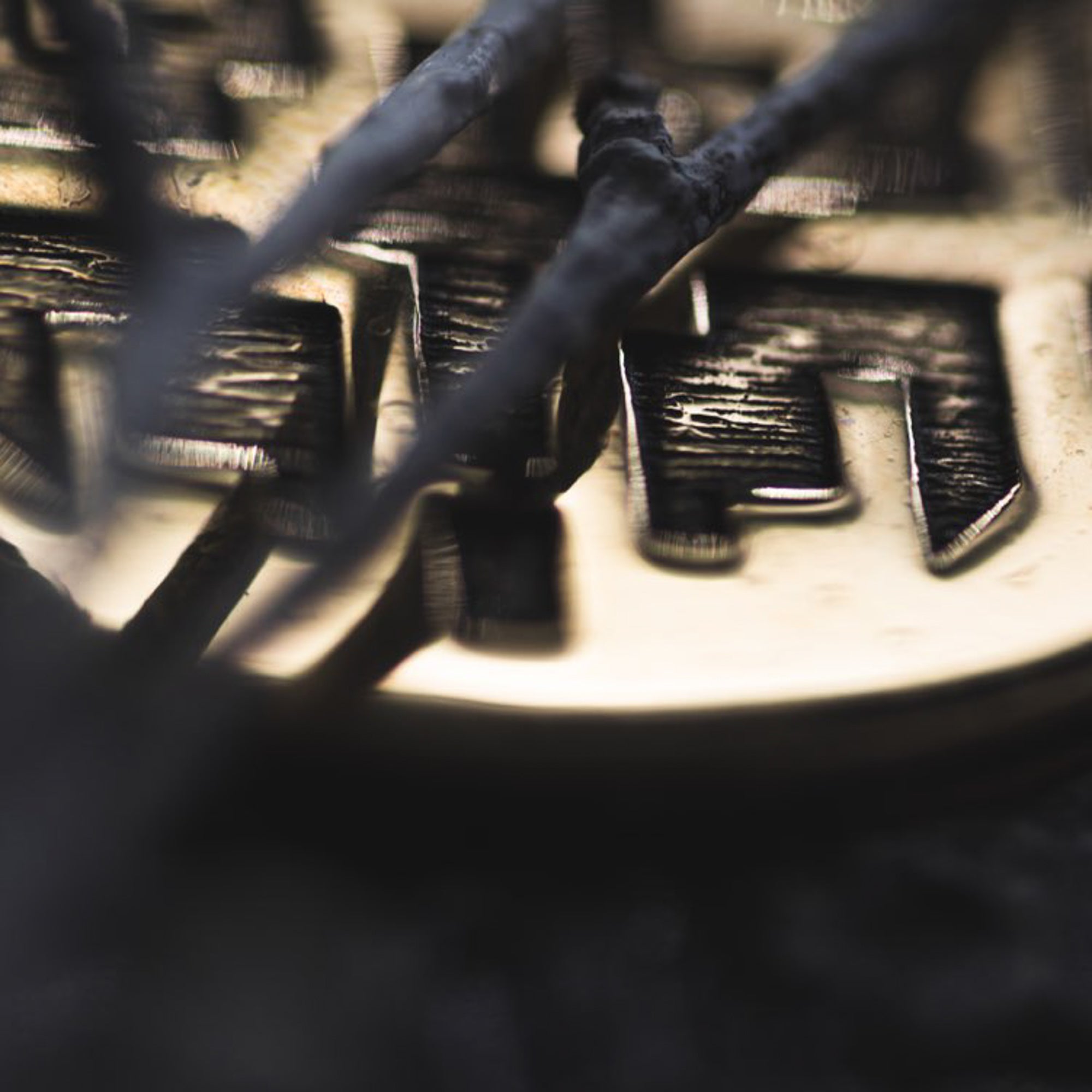 Close-up image of the CONIBOS Tribal Shipibo Hoop Disc Earrings in Gold by Kaya Movement, partially obscured by dark, blurred branches or wires in the foreground. The earrings feature intricate engravings reminiscent of tribal designs that are partially visible. The background is dark and out of focus, enhancing the earrings' texture and shine.