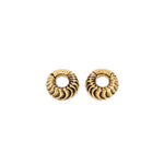 A pair of AARO Cyborg Clicker Hoop Ear or Septum Weights in Gold Brass by Kaya Movement, featuring a textured, feather-like pattern. These 6 gauge earrings have a hoop design suitable for stretched ear piercings and are positioned against a plain white background.