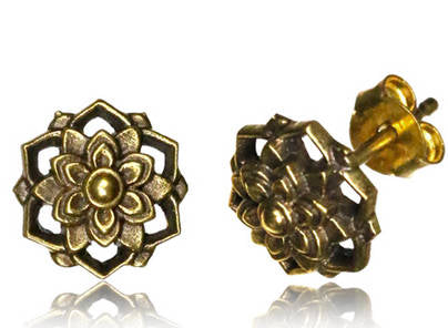 The ILLY Lotus Mandala Stud Earrings in Gold from Kaya Movement are intricately designed for ear lobe or conch helix piercings. Each 18g gauge earring showcases a delicate floral motif with petal details and a central bead, set against a reflective background that creates a mirrored effect on the white surface.