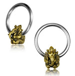Two circular nose rings from Kaya Movement, named GANESHA Silver Ring with Gold Pendant, are shown. Each ring, available in 18, 16, or 14 gauge, features a small and intricately detailed golden Ganesh figure. The handcrafted accessories are made with premium 316L steel body jewelry and showcase the cultural and artistic value of Ganesh, the Hindu deity with an elephant head. The photo captures both front and side views.