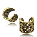 The "Flower Of Life - Ear Cuff Beads Jewelry Cartilage Earrings & Dreadlocks Beads" by Kaya Movement features two ornate brass ear cuffs with intricate, symmetrical cut-out designs inspired by geometric patterns. As part of an exotic brass collection, these polished cuffs exhibit detailed craftsmanship and are displayed against a plain white background with a soft reflection on the surface.