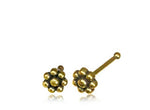 The FLO Flower Nose Pin Stud in Gold by Kaya Movement is a perfect piece of minimalist body jewelry. Each stud features a design resembling a flower, made up of several tiny gold circles clustered together. One nose pin is shown from the front, while the other is displayed from the side, highlighting the post and back.