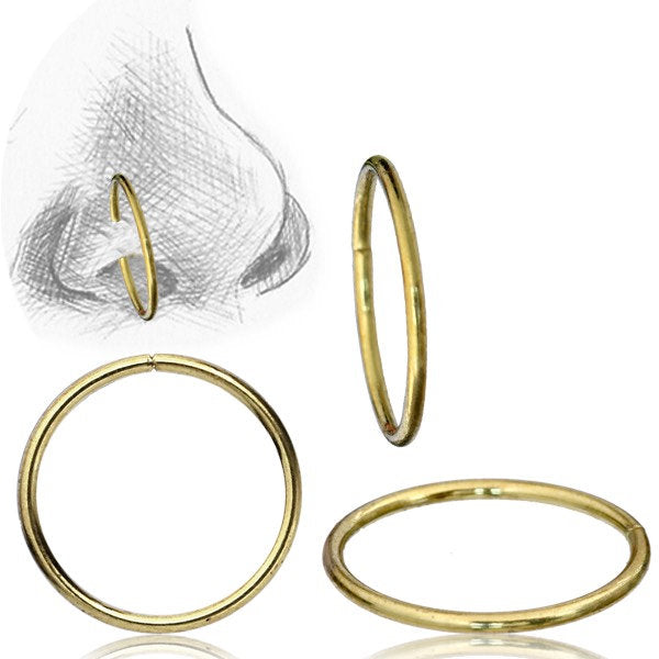 An illustration showcases a nose adorned with the INDUS Seamless Hoop Ring in Gold from Kaya Movement. The image displays various perspectives of the gold brass body jewelry ring: a side view inserted into a nose sketch, an upright standalone piece, a complete circular view, and an angled view lying down.