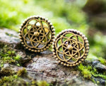 Close-up of the Kaya Movement ELLY Flower of Life Stud Earrings in Gold, made from yellow brass with an intricate, openwork floral design. Resting on a piece of wood surrounded by green moss, the earrings boast beaded edges that add to their elegance. Perfectly designed for the ear lobe conch helix, they come in exquisite jewelry packaging.