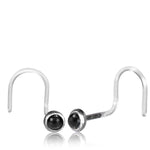 A pair of Kaya Movement EDEN Nose Screw Studs in silver with onyx bead ends, placed on a white background. The body jewelry features a curved hook shape for easy insertion and flaunts a sleek, simple design.