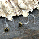 Two small nose screw studs featuring dark onyx stones set in metal casings. The body jewelry, branded as EDEN by Kaya Movement, has transparent, curved hooks situated on a textured stone surface with a large seashell in the background.
