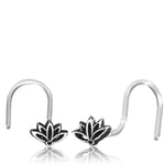 Displayed against a white background is the LOTUS Flower Nose Pin Stud in Gold by Kaya Movement. This minimalist nose pin features an intricate lotus flower design, with darkened areas that elegantly emphasize the petal shapes. The smooth curve of the stud ensures easy wearing.
