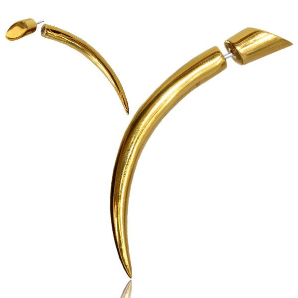 Introducing the PIKA Fake Talon Gauge Earrings in Gold by Kaya Movement: a pair of long, curved earrings crafted from yellow brass. Each earring boasts a sleek, pointed design with a polished finish and attaches to the ear with a small, rounded 925 silver post. The elegant tapering shape resembles an ornate tusk or horn, embodying a subtle tribal style at 20 gauge.
