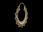 A pair of Lotus flower earrings from Kaya Movement, crafted from brass and featuring intricate mandala designs, is displayed against a black background. These handmade earrings showcase ornate patterns with tiny loops and curves, creating an elegant and vintage appearance.