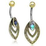 Two exquisite IBASA Marquise Belly Piercing Rings by Kaya Movement, featuring curved bars adorned with vibrant, teardrop-shaped iridescent abalone stones. Crafted from 14 gauge 316L surgical steel, these pieces boast intricate gold detailing and layered accents for an elegant and eye-catching appearance. Presented in beautiful gift packaging.