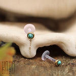 A pair of sophisticated KEA Labret Stud earrings in gold and turquoise from Kaya Movement, featuring clear backings and round natural Turquoise stones, are displayed on a white, shell-like holder. The background is blurred to highlight the earrings' intricate details. The text "Kaya Movement" is visible in the bottom left corner.