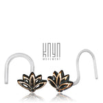 Displayed against a white background is a pair of minimalist body jewelry nose rings, featuring gold lotus flower charms and translucent hooks. The text "Kaya Movement" appears in the center above the LOTUS Flower Nose Pin Stud in Gold | 18 gauge.