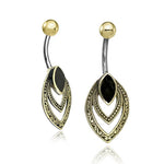The Kaya Movement's IBASA Marquise Belly Piercing Ring in Gold & Black Mother of Pearl (14 gauge) features dangling navel jewelry meticulously crafted with gold-toned balls at the top, elegantly curved surgical steel stems, and intricate gold leaf-shaped pendants adorned with black accents and detailed etchings. Perfectly packaged, it makes an ideal gift.