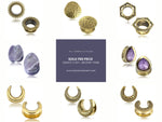 A collage displaying an assortment of Indian Gold Brass Ear Gauge Tunnels Jewelry, including Ethnic Ear Plugs and Mandala Brass Tunnels in gold color, ideal for body modification enthusiasts. The centerpiece showcases a purple box with the message, "ALL TUNNELS & PLUGS SOLD PER PIECE (SELECT 2 QTY - RECEIVE 1 PAIR)" and features the website kayamovement.com. All items are handmade by Kaya Movement.