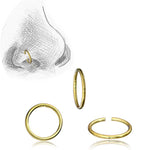 Illustration of a nose adorned with Kaya Movement's INDUS Seamless Hoop Ring in Gold, 20 gauge. Three perspectives are depicted: closed, slightly open, and fully open. The detailed sketch showcases the seamless closure of the hoop and its versatile piercing design for an elegant fit.