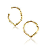 The TIKA Teardrop Septum Clicker Ring in Gold by Kaya Movement is showcased in a minimalist design, featuring a sleek and smooth polished finish. Arranged with one facing left and the other right against a white background, these 16 gauge septum clicker rings highlight their exquisite appeal as timeless gold body jewelry.