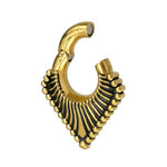 Introducing the Steel Triangle Ear Weights in Gold with Magnet Closure by Kaya Movement: a stunning 2 gauge ear accessory featuring a decorative V-shaped design, adorned with a series of small beads along the outer edges and accented by black lines extending inward from the open ends, creating an elegant fan-like pattern.