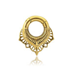 The Sacred Lotus Flower Ear Weights in Gold with Magnet Closure from Kaya Movement, designed in a 2 gauge, feature an intricate, teardrop shape with detailed, symmetrical cutouts along the outer edge. This gold-plated PVD earring creates a decorative pattern inspired by tribal ear weights.