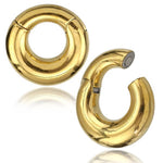 The Minimalist Steel Hoop Ear Weights in Gold by Kaya Movement feature a smooth, shiny finish and a magnet closure mechanism. One ear weight is displayed fully closed, while the other is partially open to highlight the clasp. These 2-gauge hoop ear weights are designed with a touch of minimalist style and are positioned against a white background.