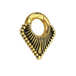 The Steel Triangle Ear Weights in Gold with Magnet Closure by Kaya Movement features an intricate gold-plated PVD earring design. Each piece starts with a circular loop at the top and transitions into a triangular form featuring symmetrical ridges, accented by a row of small bead-like decorations along the edges. The background is plain white. These ear weights are available in 2 gauge size.