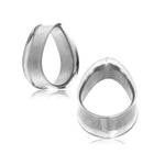 Two teardrop silver plugs, crafted from stainless steel by Kaya Movement, are displayed against a white background. Each plug has a smooth, shiny surface with a modern, slightly curved design, resembling an open loop.