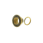 Close-up image of a Kaya Movement Flesh Tunnel piercing, a stainless steel ear gauge with a decorative golden design featuring small bead-like accents around the outer edge. This 19mm plug is divided into two pieces: the main part and a screw-on ring.
