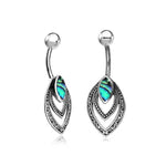 The Kaya Movement Belly Button Teardrop Piercing Jewelry features intricately designed Sterling Silver 925 navel rings with dangling teal and blue-green abalone stones. The belly bars include a curved upper section and layered drop pendants adorned with detailed patterns, reminiscent of abalone shells.