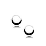A pair of small hoop earrings from Kaya Movement, named "Septum in 925 Silver with Black Mother Pearl Shell," feature a minimalist silver outline and a black-filled bottom half that evokes the look of black mother pearl shell. These elegant 925 silver earrings are showcased against a white background.
