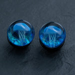A close-up image of two rounded glass items featuring a Blue Jellyfish design encapsulated within. The jellyfish have detailed, white tentacles that stand out against the dark blue and black background of the Kaya Movement Blue Glass Jellyfish Ear Plugs - Handmade Double Flare Flesh Tunnels, 12mm-16mm. The surface on which they are placed appears to be dark and textured.