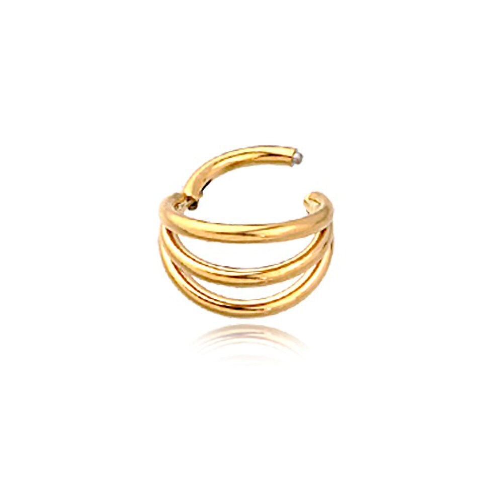 A gold ear cuff featuring a triple-band design and polished finish with an open-ended style that allows easy wear without the need for piercings. Set against a plain white background with a slight reflection, this piece perfectly complements minimalist collections, just like the Minimalist Gold PVD 316L Steel Septum "Trion" by Kaya Movement, known for its sleek triple-ring effect and subtle elegance with a 1.2mm thickness and 8mm diameter.