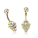 Introducing Kaya Movement's Octra 1.6mm Navel Piercing - Mandala Chic Brilliance with a gold finish. This elegantly designed belly button ring features a larger central zircon gemstone, surrounded by clusters of eight smaller glistening zircons that enhance its sublime elegance from both the front and side views. Crafted from durable surgical steel, it perfectly combines elegance with a touch of boho chic charm, making it an ideal choice for navel piercings.