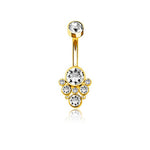 Introducing the Octra 1.6mm Navel Piercing by Kaya Movement, featuring a Mandala Chic Brilliance design. This exquisite gold-finished belly button ring is enhanced by eight glistening zircons, including a large central round crystal flanked by four smaller crystals and an additional large crystal on top of the bar. Crafted from surgical steel, this shiny piece is perfect for a navel piercing, showcasing an elegant and decorative boho jewel design for sublime elegance.