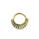 Gold-Plated Brass Septum by Kaya Movement, designed in a Maya tribal style. This versatile piece can be used as a piercing for the nose, helix (1.2mm), tragus, lobe, or conch. It features black enamel accents along the bottom semicircle and a small hinge clasp at the top for fastening. The image is displayed on a white background with its reflection below the jewelry.