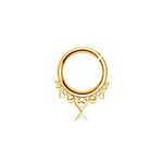 A circular golden ring with heart-shaped designs hanging at the bottom, resembling a decorative ornament or piece of jewelry with a PVD gold finish, displayed on a white background.
Rewritten Sentence:
The 316L Steel PVD Gold Mandala Design Septum "Natura" by Kaya Movement, featuring heart-shaped designs that evoke nature and spirituality, is beautifully displayed on a white background.
