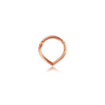 The Hinged Septum Ring by Kaya Movement is a slender, rose gold piece in a teardrop shape with a subtle shine. Its minimalistic and elegant design gently reflects light against a plain white background.