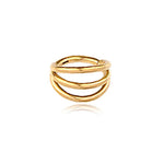 The Minimalist Gold PVD 316L Steel Septum "Trion" by Kaya Movement features three interwoven bands, forming a sleek and elegant design reminiscent of minimalist septum jewelry. The ring has a polished, reflective surface and is displayed against a white background with a slight shadow beneath it.