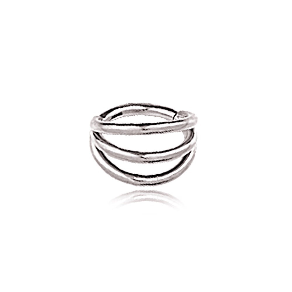 The Minimalist Gold PVD 316L Steel Septum "Trion" by Kaya Movement showcases a sleek, triple ring effect with multiple interwoven bands forming an elegant, overlapping pattern. This nose jewelry piece boasts a modern and minimalist design with a polished finish and is presented on a plain white background.