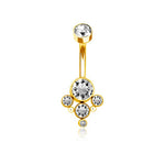 The Lysor 1.6mm Navel Piercing from Kaya Movement, crafted with a gold finish, features a large, clear zircon at its base. Below it are smaller clear zircons, including one in the center and three radiating outward in a descending pattern, creating an elegant Mandala chic design perfect for navel piercings.