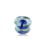 A Psylia Plug by Kaya Movement, designed like a small, clear glass mushroom with a blue stem and a spherical, translucent cap, set against a white background. This Blue Mushroom Glass Design exudes a Psychedelic Festival vibe and is available in sizes ranging from 6mm to 16mm (2g to 5/8").