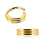 Two views of the Anneau 8mm Segmenté en Or pour Piercing by Kaya Movement are depicted. The top view shows the ring partially opened, revealing its design of three parallel bands with a small gap. The bottom view shows the ring closed, highlighting its smooth, polished finish and the alignment of the three bands.