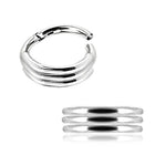 An image showing the "Clicker pour Septum 8mm en Acier Chirurgical 16g - Anneau Épuré Triple Lignes - Bijou Piercing Nasal Raffiné" by Kaya Movement. The silver nose ring, crafted from acier chirurgical 316L, features three parallel bands that wrap around to form a single piece of jewelry. The top view displays the circular shape, while the bottom view highlights the design minimaliste triple band structure.