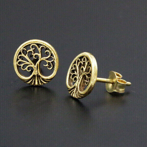 Tree of Life Stud Earrings in Gold | 18 gauge