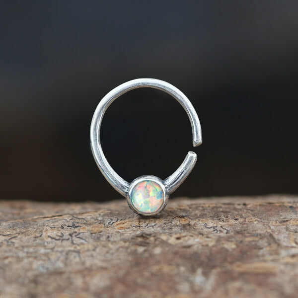 Silver-tone opal septum ring